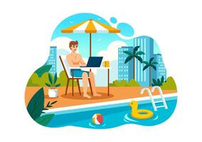 Lanza libre trabajadores relajante por el nadando piscina ilustración con Bebiendo cócteles y utilizando laptops en un plano dibujos animados estilo antecedentes vector