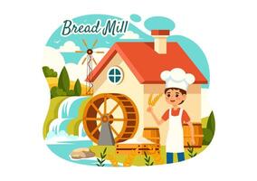 Bread Mill Illustration with Wheat Sacks, Various Breads and Windmill for Product Bakery in Flat Cartoon Background Design vector