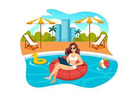 Lanza libre trabajadores relajante por el nadando piscina ilustración con Bebiendo cócteles y utilizando laptops en un plano dibujos animados estilo antecedentes vector