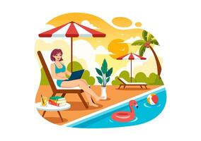 Freelance Workers Relaxing by the Swimming Pool Illustration with Drinking Cocktails and Using Laptops in a Flat Cartoon Style Background vector