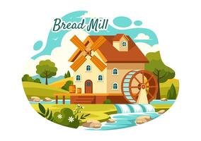 Bread Mill Illustration with Wheat Sacks, Various Breads and Windmill for Product Bakery in Flat Cartoon Background Design vector