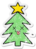 pegatina angustiada de un lindo árbol de navidad de dibujos animados png