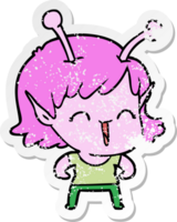 distressed sticker of a cartoon alien girl laughing png