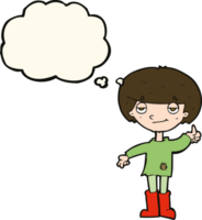 cartoon boy in poor clothing giving thumbs up symbol with thought bubble png