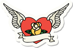 tatoeëren stijl sticker van een vliegend hart met bloemen en banier png