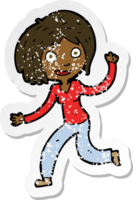 retro distressed sticker of a cartoon happy waving girl png