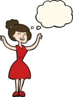 cartoon woman with raised arms with thought bubble png