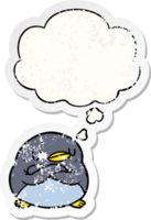 cartoon penguin and thought bubble as a distressed worn sticker png