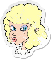 retro distressed sticker of a cartoon suspicious woman png