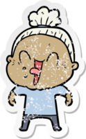 distressed sticker of a cartoon happy old woman png