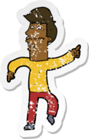 retro distressed sticker of a cartoon worried man pointing png