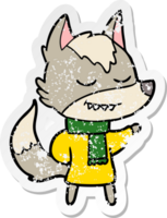 distressed sticker of a friendly cartoon wolf wearing scarf png