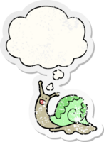 cute cartoon snail and thought bubble as a distressed worn sticker png