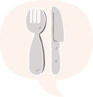 cuchillo y tenedor de dibujos animados y burbuja del habla en estilo retro png