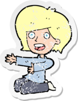 retro distressed sticker of a cartoon shocked woman on knees png