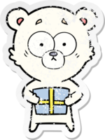 autocollant en détresse d'un dessin animé d'ours polaire nerveux avec un cadeau png