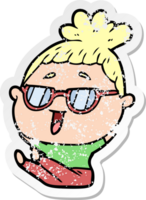 verontruste sticker van een cartoon gelukkige vrouw die een bril draagt png