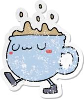 distressed sticker of a cartoon coffee cup walking png