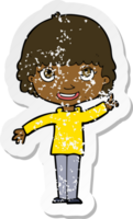 retro distressed sticker of a cartoon woman with idea png