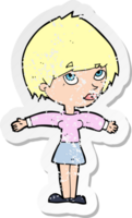 retro distressed sticker of a cartoon woman with open arms png