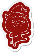 happy cartoon  sticker of a pig dancing wearing santa hat png