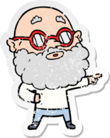 distressed sticker of a cartoon curious man with beard and glasses png