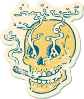 affligé autocollant tatouage style icône de une crâne fumeur png