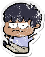 distressed sticker of a annoyed cartoon boy png