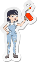 retro distressed sticker of a cartoon woman in dungarees png