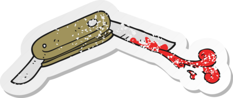 retro distressed sticker of a cartoon bloody folding knife png