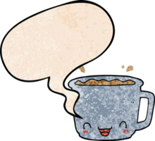 cartoon cup of coffee and speech bubble in retro texture style png