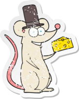 autocollant rétro en détresse d'une souris de dessin animé avec du fromage png