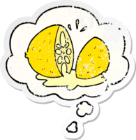 cartoon cut lemon and thought bubble as a distressed worn sticker png