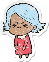 distressed sticker of a cartoon angry woman png