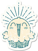 grunge sticker of tattoo style happy singing cupcake png
