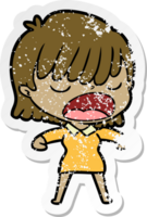 distressed sticker of a cartoon woman talking loudly png