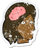 retro distressed sticker of a cartoon female head with brain symbol png