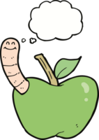 tekenfilm appel met worm met gedachte bubbel png