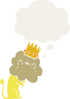 lion de dessin animé avec couronne et bulle de pensée dans un style rétro png