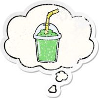 dessin animé smoothie glacé et bulle de pensée comme un autocollant usé en détresse png