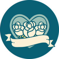 icône de style tatouage d'un coeur et d'une bannière avec des fleurs png