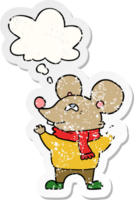 cartoon mouse wearing scarf and thought bubble as a distressed worn sticker png