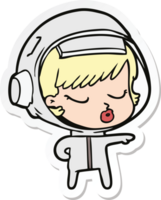 sticker of a cartoon pretty astronaut girl pointing the way png