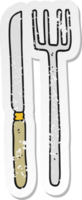retro bedrövad klistermärke av en tecknad serie kniv och gaffel png