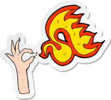 pegatina de una mano de dibujos animados y símbolo de fuego png