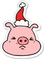 sticker cartoon of a angry pig face wearing santa hat png