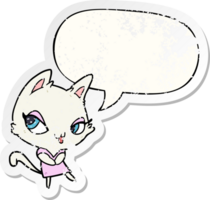 cute cartoon female cat and speech bubble distressed sticker png