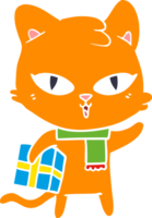 gato de desenho animado de estilo de cor plana com um presente png