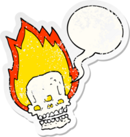 spooky cartoon flaming skull and speech bubble distressed sticker png