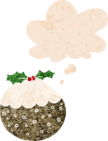 cartoon christmas pudding and thought bubble in retro textured style png
